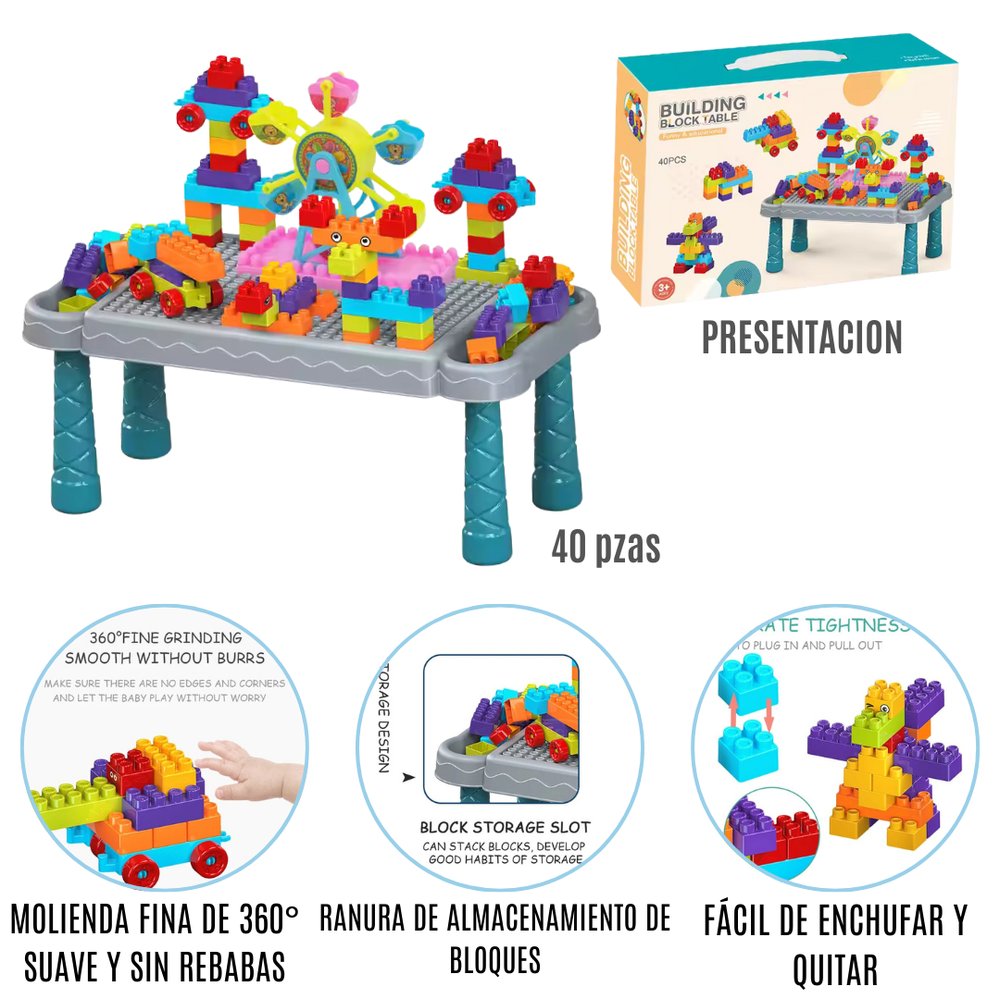 MESA CONSTRUYE Y JUEGA: 40 piezas de bloques para armar con mesa incluída