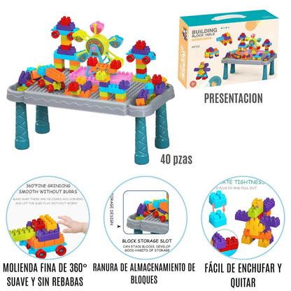 MESA CONSTRUYE Y JUEGA: 40 piezas de bloques para armar con mesa incluída